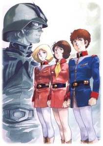 Da destra a sinistra Amuro Ray, Fraw Bow e Seyla Mass. Sullo sfondo colui che sarà il più acerrimo nemico di Amuro: Char Aznable