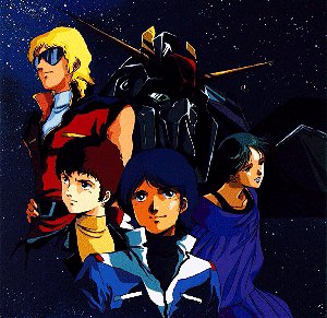 Quattro, Amuro, Camille e Four con alle spalle lo Z Gundam e sullo sfondo lo spazio